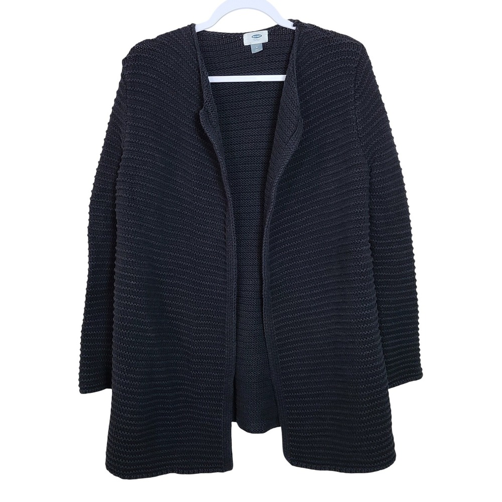 Old Navy Black Chunky Ribbed Knit Cardigan M Longline Old Minimalist Scandi Noir - Picture 2 of 8